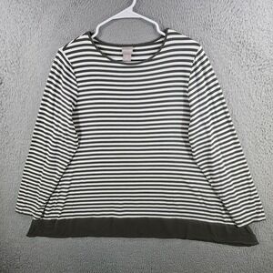 Chicos Top Womens 2P US LP Petite Olive Green White Striped Long Slv Scoop Neck